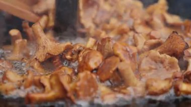 Tavada kızartılmış mantarlar ve cazip bir altın kabuk. Mantarlar yağda parlıyor ve aromatik bir kızartma atmosferi yaratıyor.