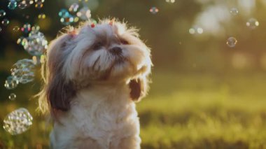 Açık renkli saçlı bir Shih Tzu köpeği parlak güneş ışığı altında yeşil çimenlerde oturuyor, renkli sabun köpükleri etrafta parıldıyor, ılık bir festival atmosferi yaratıyor..