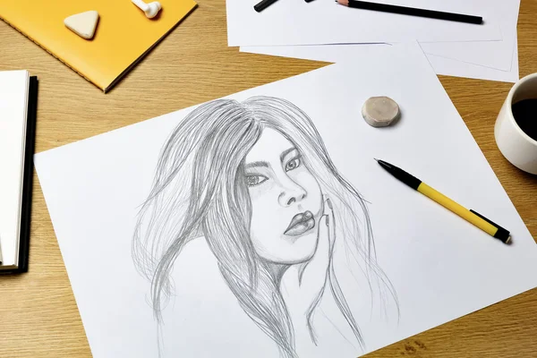 Retrato Uma Bela Mulher Desenhada Com Lápis Sobre Papel Branco — Fotografia de Stock