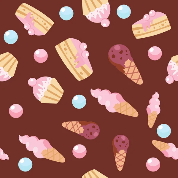 Seamless Pattern Cake Muffin Ice Cream Lollipop Cartoon Style Pattern — Stock Vector