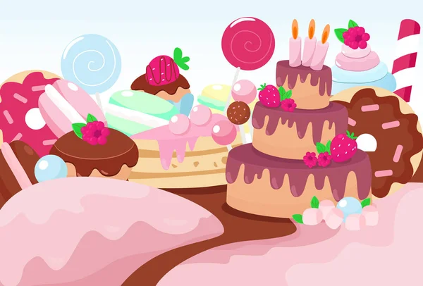 Panorama Set Snoepgoed Cake Met Kaarsen Macarons Donuts Lolly Muffins — Stockvector
