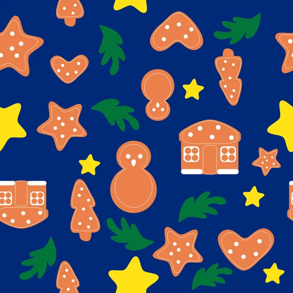 Nahtlose Lebkuchen Mit Weihnachtsmuster Auf Blauem Hintergrund Cartoon Stil Muster — Stockvektor