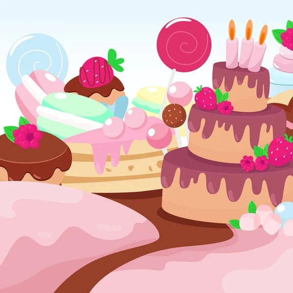 Taart Met Kaarsen Macarons Donuts Lolly Muffins Tekenfilmstijl Achtergrond Voor — Stockvector