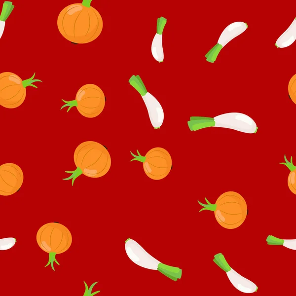 Nahtlose Muster Gemüse Lauch Und Zwiebeln Auf Rotem Hintergrund Gemüse — Stockvektor