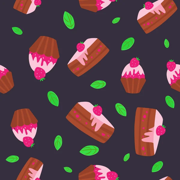 Naadloze Patroon Taart Muffin Munt Bladeren Cartoon Stijl Patroon Voor — Stockvector