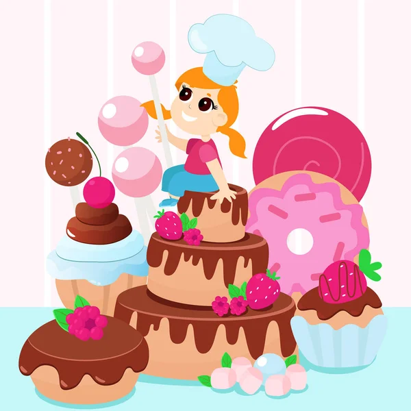 Girl Sits Huge Cake Lollipops Donut Muffin Cream Marshmallows Cartoon — Stock Vector