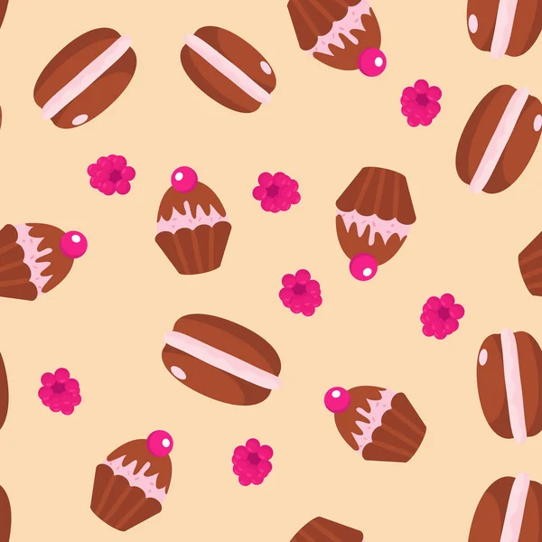 Seamless Pattern Chocolate Macarons Muffins Cartoon Style Pattern Textiles Kitchen — Stock Vector
