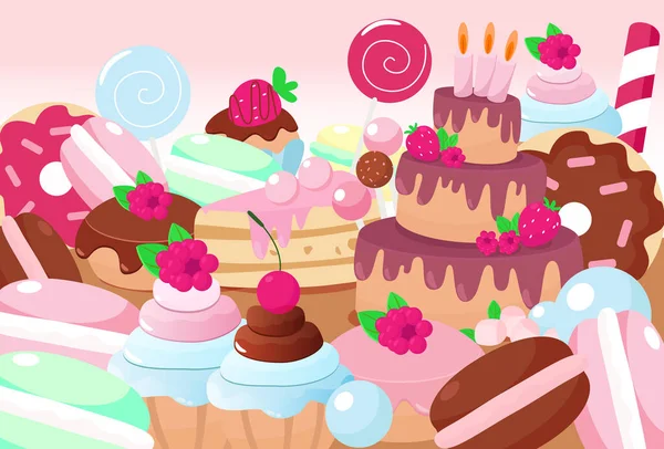 Scene Set Van Snoepgoed Cake Donut Muffin Lolly Macaron Horizontale — Stockvector