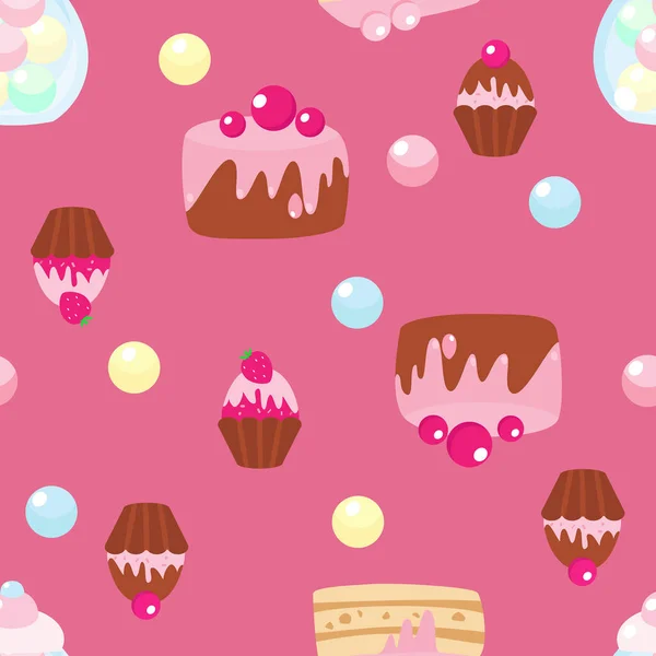 Chocolade Muffins Muffins Stukjes Frambozentaart Naadloos Patroon Roze Achtergrond Cartoon — Stockvector