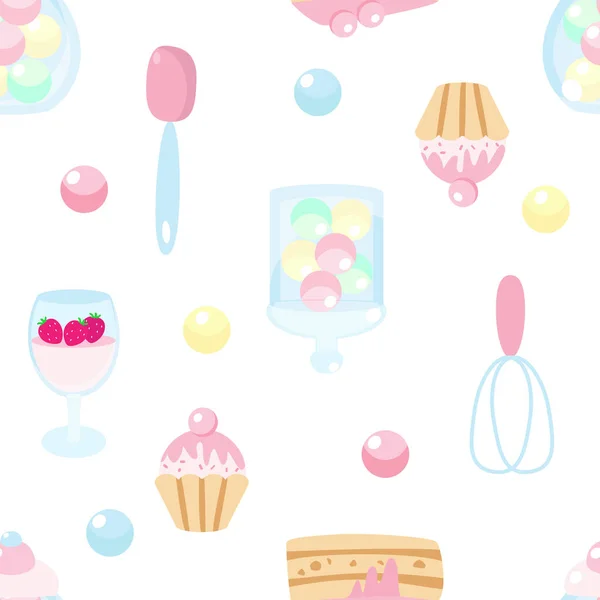 Muffins Pieces Raspberry Cream Cake Seamless Pattern White Background Cartoon — Stock Vector