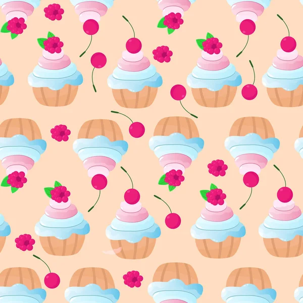 Seamless Pattern Muffins Muffins Cream Cherries Raspberries Cartoon Style Design — Stock Vector