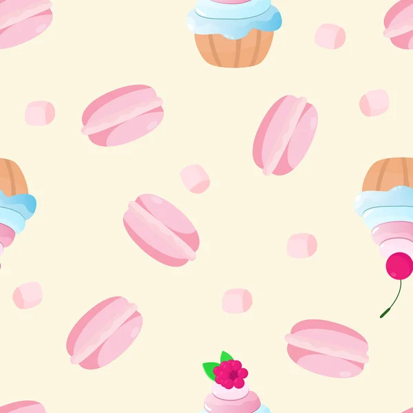 Naadloos Patroon Van Macarons Muffins Muffins Met Room Marshmallows Tekenfilmstijl — Stockvector