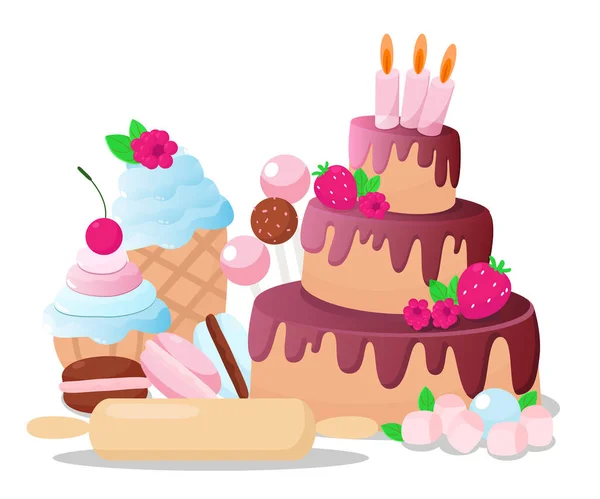 Set Van Snoepjes Cake Macaron Marshmallow Ijs Muffin Met Room — Stockvector