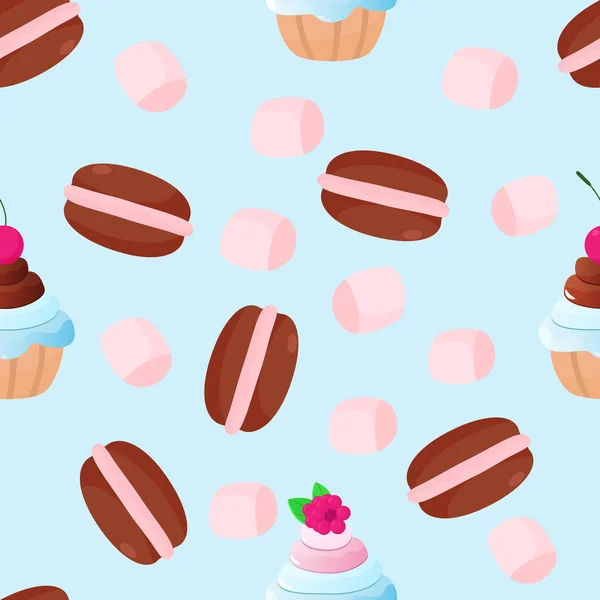 Naadloos Patroon Zoete Macarons Marshmallows Muffins Een Blauwe Achtergrond Patroon — Stockvector