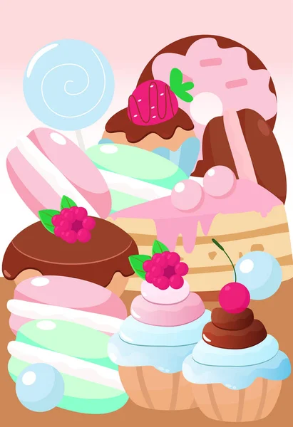 Confectionery Cake Donut Muffin Lollipop Macaron Vertical Illustration Sweets Cartoon — Stock Vector