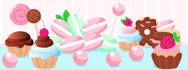 Édességsüteményes Fánk Muffin Nyalóka Makaróni Vízszintes Banner Illusztráció Édességek Rajzfilm — Stock Vector