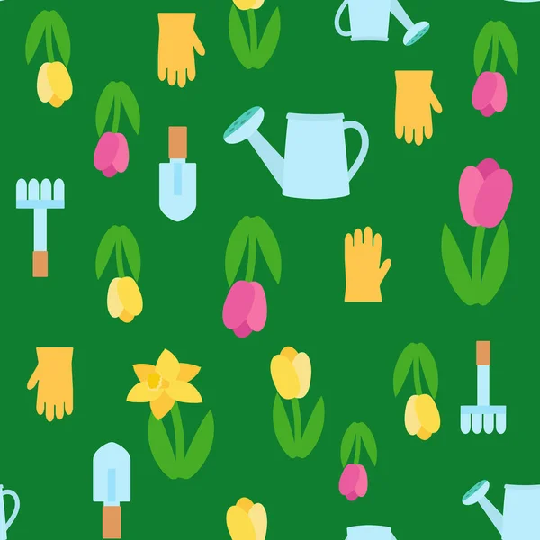 Seamless pattern spring flowers tulips, watering can, spatula, rake and glove. Ornament for textiles, packaging, background design in cartoon style.