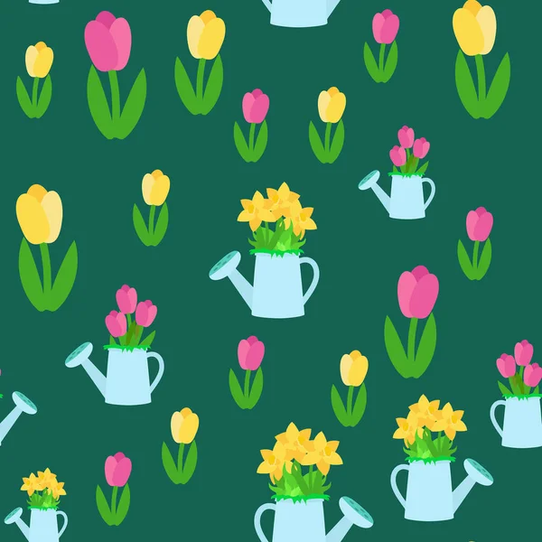 Patrón Sin Costuras Primavera Tulipanes Una Regadera Con Flores Adorno — Vector de stock