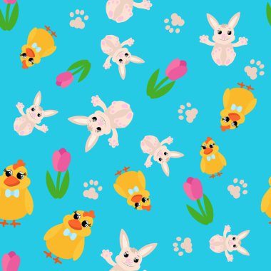 Kusursuz desenli bahar laleleri, civciv ve paskalya tavşanları. Çocuk tekstil, ambalaj, karikatür tarzında arkaplan tasarımı için Paskalya süsü.
