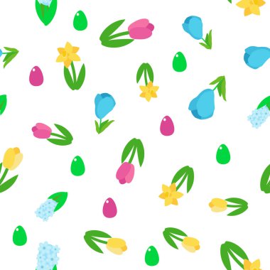 Kusursuz bahar desenli sarı ve pembe laleler, nergis ve timsahlar. Tekstil, ambalaj ve karikatür tarzında arkaplan tasarımı için Paskalya süsü