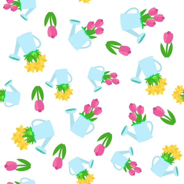 Nahtlose Frühlingsmuster Tulpen Gießkannen Ornament Für Textilien Verpackung Hintergrunddesign Cartoon — Stockvektor