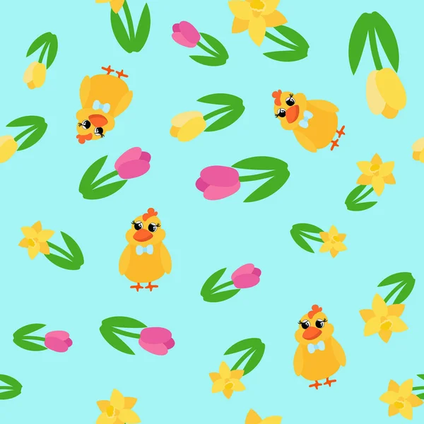 Seamless Pattern Little Chick Spring Flowers Daffodils Tulips Ornament Children — Stock Vector