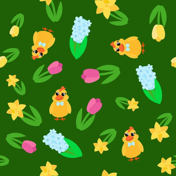 Бесшовный Узор Милый Маленький Цыпленок Весенние Цветы Нарциссы Тюльпаны Украшения — стоковый вектор