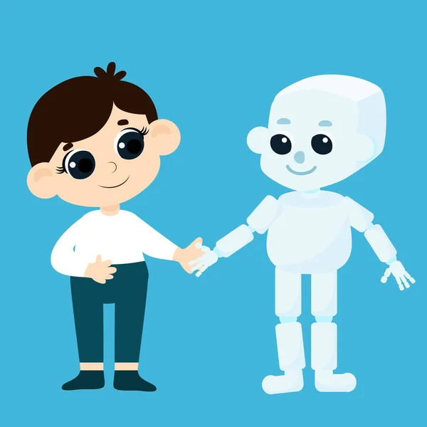 Sevimli bir çocuk büyüleyici bir robotu elinden tutuyor. Çizgi film tarzında resim beyaza izole edilmiş.
