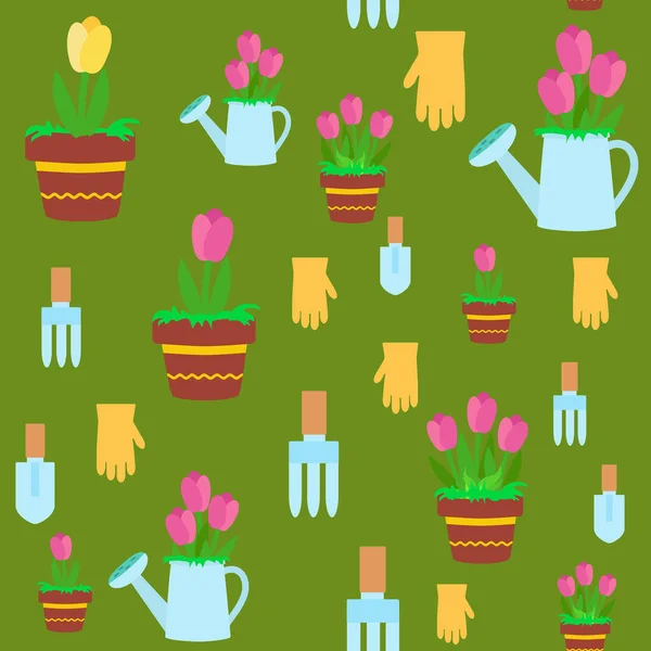 Seamless pattern spring flowers tulips in a pot, watering can, spatula, rake and glove. Ornament for textiles, packaging, background design in cartoon style.