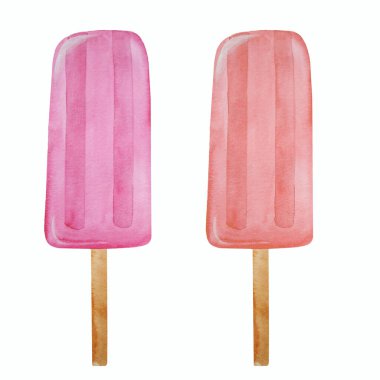 Suluboya ile çizilmiş bir çubuğun üzerinde dondurma. Dikdörtgen şeklindeki meyve suları. Yaz yemekleri çizimi.