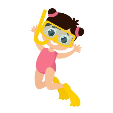 A cute girl in a swimsuit, fins and an underwater mask swims underwater. Child diver in cartoon style isolated on white background.