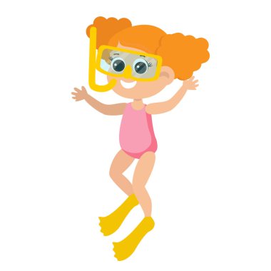 Girl in a swimsuit and snorkeling equipment. Child illustration in cartoon style isolated on white background. Children's activity underwater.
