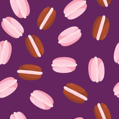 Seamless pattern chocolate and raspberry macarons in cartoon style. Pattern for textiles, kitchen design and towels and aprons, children's fabrics and wraps