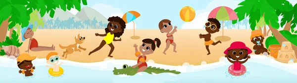 A multicultural group of children play on the seashore, swim in inflatable circles, play ball, with a dog, a girl swims on an inflatable rubber crocodile. Children are happy and cheerful