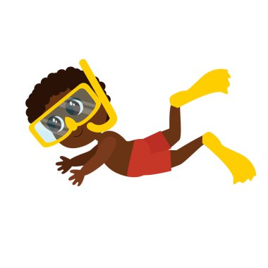 A cartoon boy is swimming in shorts, fins and a snorkeling mask. Illustration of a boy in cartoon style isolated on a white background. Children's activity underwater.