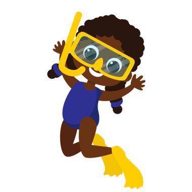 Cute girl in swimsuit and snorkeling mask. Child illustration in cartoon style isolated on white background.