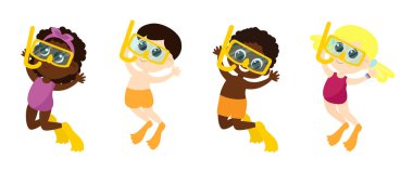 Set of cute kids aqua divers in cartoon style isolated on white background. Boys and girls are dressed in swimsuits and shorts and wear a mask and snorkel.