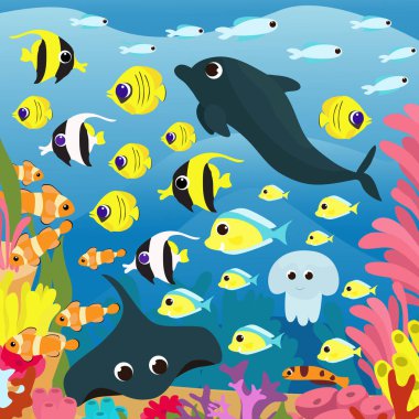 Rich underwater world and many fish, algae and plants. A lot of tropical fish, dolphin and stingray swim near the coral reefs, algae, reefs and various marine plants grow. Vertical scene in cartoon style.
