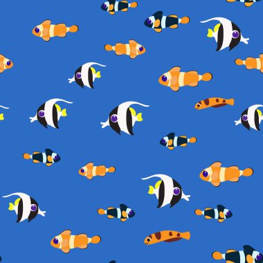 Seamless pattern tropical fish swim underwater. Pattern for textiles in cartoon style.