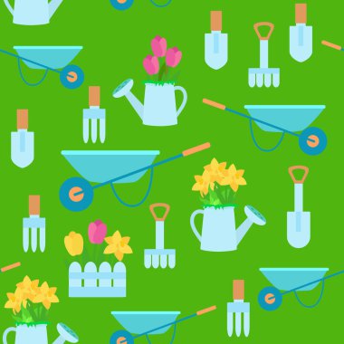 Seamless pattern wheelbarrow, watering can, flowers daffodils and tulips, rake, shovel in cartoon children's style. Gardening and vegetable garden in the spring on a home plot or farm.