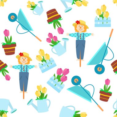 Kusursuz desenli şirin korkuluk, çiçekli saksı ve sulama kutusu ve el arabası çizgi filmi çocuksu tarzı. Ev arazisi ya da çiftlikte bahçıvanlık. Tekstil ambalajları için desen.