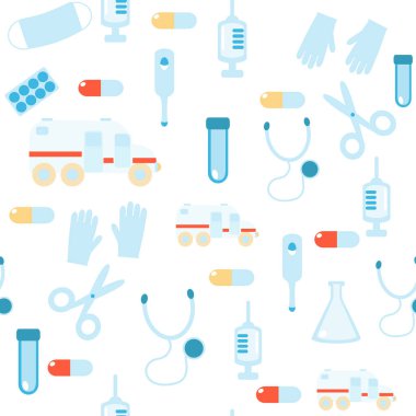Tıbbın kusursuz deseni. Ambulans arabası, tıbbi eldivenler, steteskop, test tüpü, haplar, termometre, çizgi film tarzında şırınga. Tekstil ambalajları için desen.