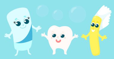 Diş macunu seti, neşeli sağlıklı çocuk dişi ve diş fırçası. Karakter tasarımı.