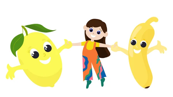 レモンとバナナのキャラクターが笑顔で手を握っている女の子 果物や子供の友情 白を基調とした漫画風イラスト — ストックベクタ