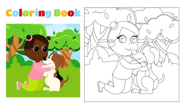 Livre Colorier Pour Enfants Petite Fille Avec Chien Dans Parc — Image vectorielle