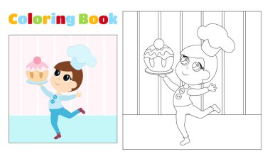 Çocuk boyama kitabı, elinde tatlı bir kekle şef şapkası takmış bir çocuk..