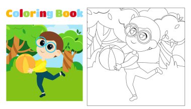 Çocuk boyacısı çocuk parkta elinde bir topla çizgi film tarzında koşuyor. Anaokulunda ve ilkokulda 4-8 yaş arası çocuklar için boyama sayfası. Görüntü ve siyah beyaz özet.