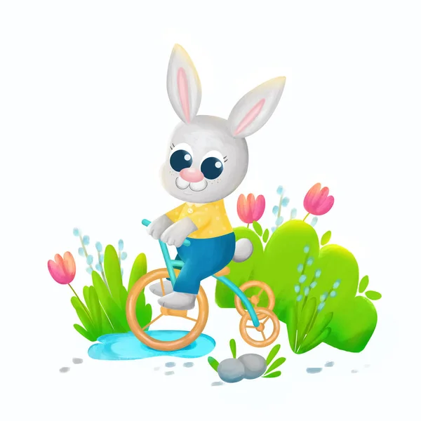 Easter spring illustration of a cute bunny on a bicycle. Easter bunny in cartoon style isolated on white background for greeting cards. The rabbit is very happy.