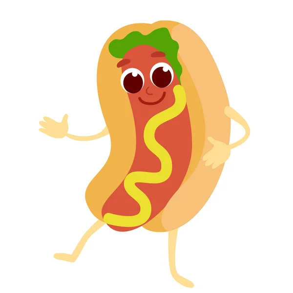 Hot Dog Się Uśmiecha Wygląda Szczęśliwego Fast Food Postaci Zabawnych — Wektor stockowy