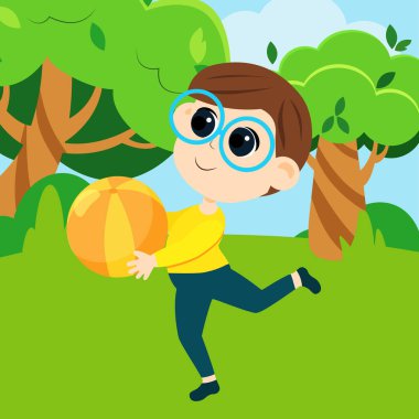 Oğlan elinde topla koşuyor. Çocuk çizgi film tarzında illüstrasyon.